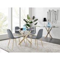 Novara 100cm Round Tempered Glass Dining Table with Gold Legs & 4 Corona Faux Leather Chairs