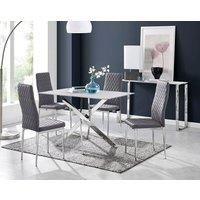 Leonardo White Glass Marble Effect Silver Leg Table & 4 Velvet Milan Silver Leg Chairs