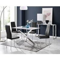 Leonardo White Glass Marble Effect Silver Leg Table & 4 Velvet Milan Silver Leg Chairs
