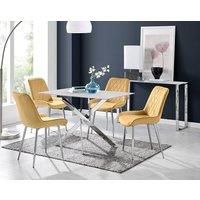 Leonardo White Glass Marble Effect Silver Leg Table & 4 Pesaro Silver Chairs