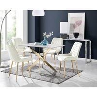 Leonardo White Glass Marble Effect Gold Leg Table & 4 Pesaro Gold Leg Chairs