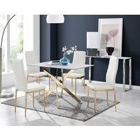 Leonardo White Glass Marble Effect Gold Leg Table & 4 Milan Gold Leg Chairs