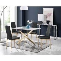 Leonardo White Glass Marble Effect Gold Leg Table & 4 Milan Gold Leg Chairs