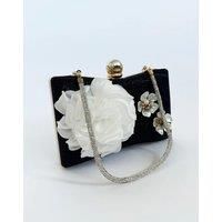 Square clutch Bag with 3D florals and Rhinestone handle in Black