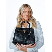 Croc Buckle Top Handle Bag in Black