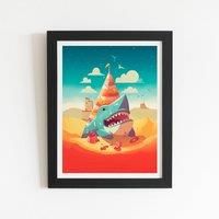 Warren Reed - Designer Shark On A Beach Holiday Framed Art Print in Black | Size: W24" x H36"