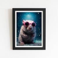 Warren Reed - Designer Splashart DoorMouse with Pink Glasses Framed Art Print in Black | Size: W24" x H36"