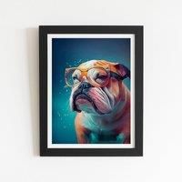 Warren Reed - Designer Bulldog With Glasses Splashart Framed Art Print in Black | Size: W24" x H36"