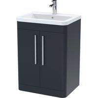 Floor Standing 2 Door Bathroom Vanity Basin Unit, Ceramic 600mm - Soft Black