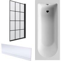 Round 1700x700 Shower Bath Set - Panel & Black Hinged Screen