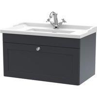 nuie CLC1496F Classique Wall Hung 1 Drawer Vanity Unit & 1 Tap Hole Ceramic Basin, 800mm, Satin Anthracite, Soft Black