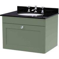 nuie CLC894BR3 Classique Wall Hung 1 Drawer Unit & 3 Tap Hole Marble Worktop with Round Basin, 600mm, Satin Green/Black
