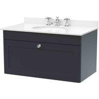 nuie CLC1496WR3 Classique Wall Hung 1 Drawer Unit & 3 Tap Hole Marble Worktop with Round Basin, 800mm, Satin Anthracite/White, Soft Black