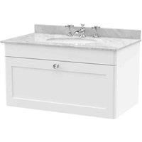 nuie 800mm Wall Hung 1 Drawer Vanity & Marble Top 3TH - Satin White, White