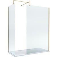Balterley Wetroom Screen with Return Screen, Support Bar & Tray, Hinged Shower Glass, Support Bar Kit, White Rectangular Shower Tray, Toughened Safety Glass Screens with Arm Bracket (Brushed Brass)