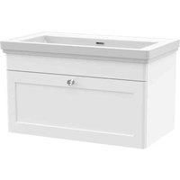 nuie CLC196H Classique Wall Hung 1 Drawer Vanity Unit & 0 Tap Hole Fireclay Basin, 800mm, Satin White