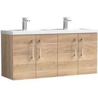 nuie Arno 1200mm Wall Hung 4-Door Vanity & Double Basin Bleached Oak, Brown
