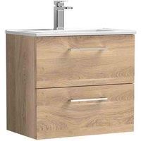 nuie ARN3024B Arno Modern Bathroom Wall Hung 2 Soft Close Drawer Vanity Unit and Minimalist Basin, 600mm, Bleached Oak Woodgrain