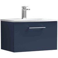 nuie ARN2922G Arno Modern Bathroom Wall Hung 1 Soft Close Drawer Vanity Unit and Curved Basin, 600mm, Midnight Blue