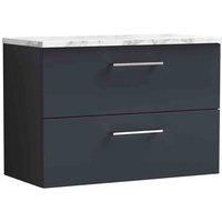 nuie ARN1426LCM Arno Modern Bathroom Wall Hung 2 Close Drawer Vanity Unit and Carrera Marble Laminate Worktop, 800mm, Soft Black