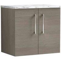 nuie Arno 600mm Wall Hung 2-Door Vanity & Laminate Worktop - Solace Oak, Brown