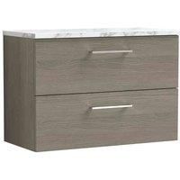 nuie ARN2526LCM Arno Modern Bathroom Wall Hung 2 Soft Close Drawer Vanity Unit and Carrera Marble Laminate Worktop, 800mm, Solace Oak