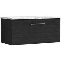 nuie ARN625LCM Arno Modern Bathroom Wall Hung 1 Soft Close Drawer Vanity Unit and Carrera Marble Laminate Worktop, 800mm, Charcoal Black Woodgrain