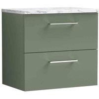 nuie Arno 600mm Wall Hung 2-Drawer Vanity & Laminate Worktop - Satin Green, Green