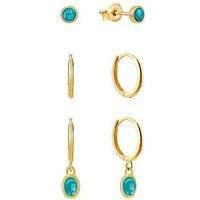 The Love Collection Gold Plated Sterling Silver Turquoise Dropper Hoops And Stud Set Of 3