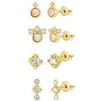 The Love Collection Gold Plated Sterling Silver Set Of Four Pairs Of Opal Cz Stud Earrings