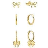 The Love Collection Gold Plated Sterling Silver Bow Earring Set Of 3 Pairs