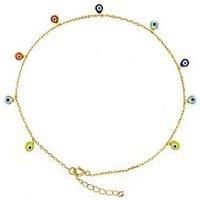 The Love Collection Gold Plated Sterling Silver Multi Coloured Evil Eye Anklet
