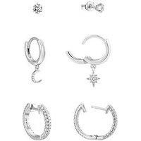 V By Very Sterling Silver Cz North Star And Moon Huggie Earring Set Of 3