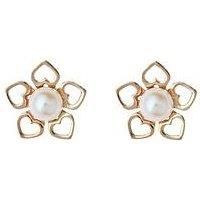 Love Gold Heart Flower Pearl Stud Earrings