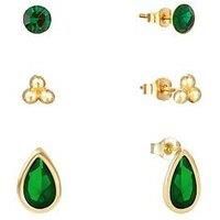 The Love Silver Collection Set Of Three 18Ct Gold Plated Sterling Silver Emerald Cz Teardrop, Classic Studs & Triple Ball Studs