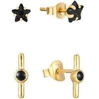 The Love Silver Collection Set Of Two 18Ct Gold Plated Sterling Silver Black Enamel Bar Stud & Cz Black Star Stud