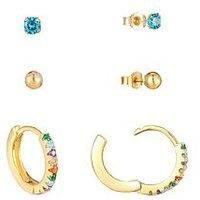 The Love Silver Collection Set Of Three 18Ct Gold Plated Sterling Silver Multi Cz Huggie Hoops & Studs