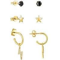 The Love Silver Collection 18Ct Gold Plated Cz Lightning Bolt Hoop, Star Stud And 3Mm Black Stud Earrings