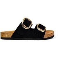 ESSEX GLAM Womens Flat Sandals Large Double Strap Buckle Ladies Open Toe Slip On Casual Holiday Black Slider Mule Size 8