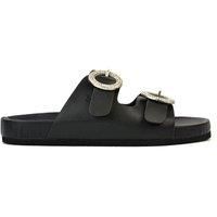 XY London Women's 'Reggie' Slip On Flat Sandals Sliders With Double Strap Diamante Buckle in Black | Size: 4