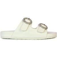 XY London Women's 'Reggie' Slip On Flat Sandals Sliders With Double Strap Diamante Buckle in White | Size: 5