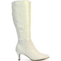 ESSEX GLAM Womens Knee High Boots Ladies Stiletto Low Mid Heels Pointed Toe Classic Pointed White Synthetic Leather Shoes Size 7