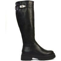 Womens Knee High Biker Boots Flat Chunky Grip Sole Ladie Casual Buckle Zip Black Riding Shoes Size 3