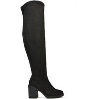 ESSEX GLAM Womens Thigh High Boots Ladies Stretch Leg Chunky Platform Block Heel Winter Black Faux Suede Size 5