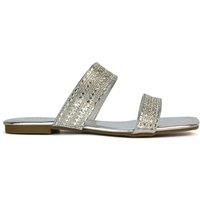 XY London Women's 'Lucy' Slip On Flat Cork Slider Mules in Metallic Silver | Size: 7