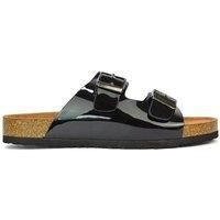 XY London Women's 'Star' Double Strap Buckle Up Summer Slip On Flat Sandals in True Black | Size: 7