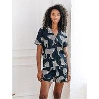 Chelsea Peers V Neck Button Up Cotton Short Set - Navy