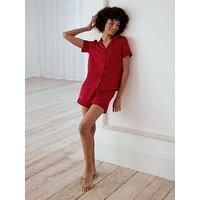 Chelsea Peers Short Sleeve Revere And Short Set In Satin With Lace Trim - Plain Red