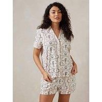 Chelsea Peers V Neck Button Up Short Pyjama Set - Sea Horse Scarf Print
