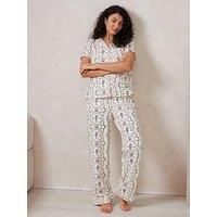 Chelsea Peers Chelsea Peers Short Sleeve Revere And Regular Long Bottom Set In Organic Jersey Cotton With Boxer Detail - Seahorse Scarf Print